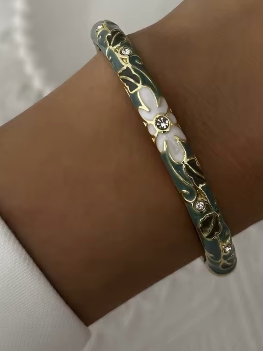 Gold-Trim Floral Enamel Bracelet in Green and White